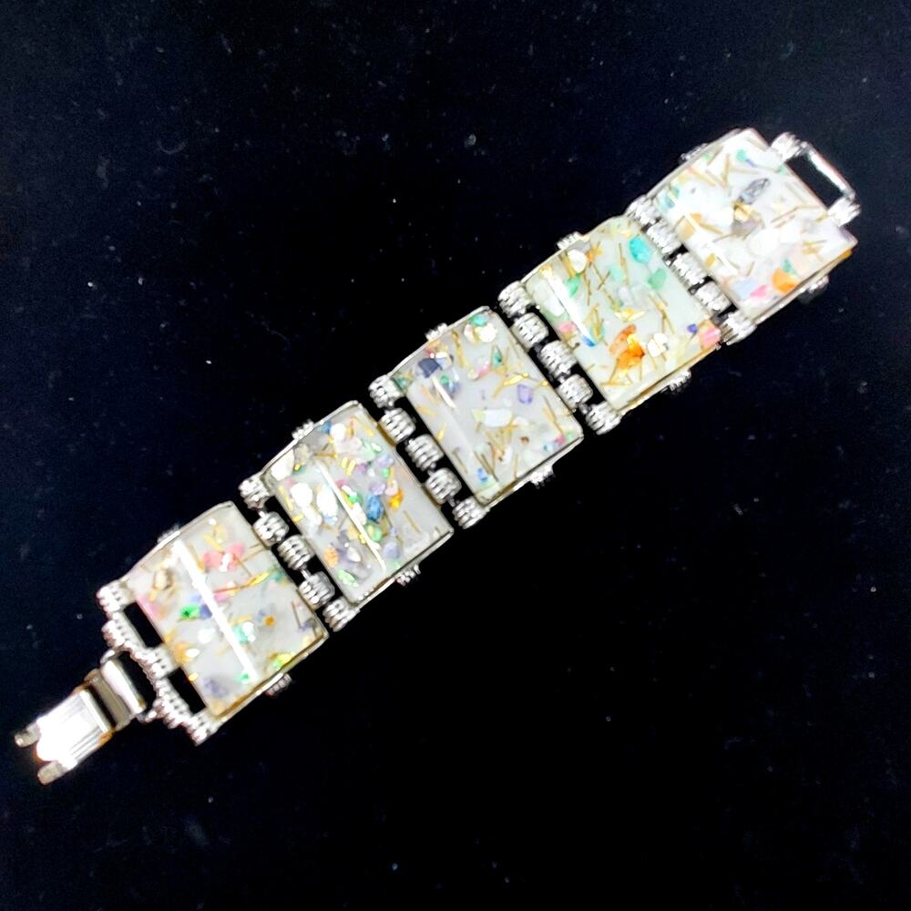 Vintage PAM Pamoli Confetti Lucite Silver Tone Panel Bracelet 1950s Signed 7"
